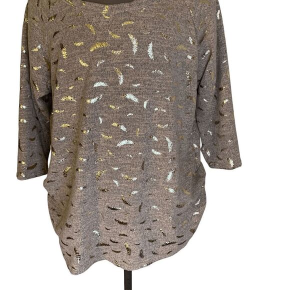 SjS Women's size 2X heather peach gray 3/4 sleeve Metallic gold leaf Sweater - Picture 3 of 10